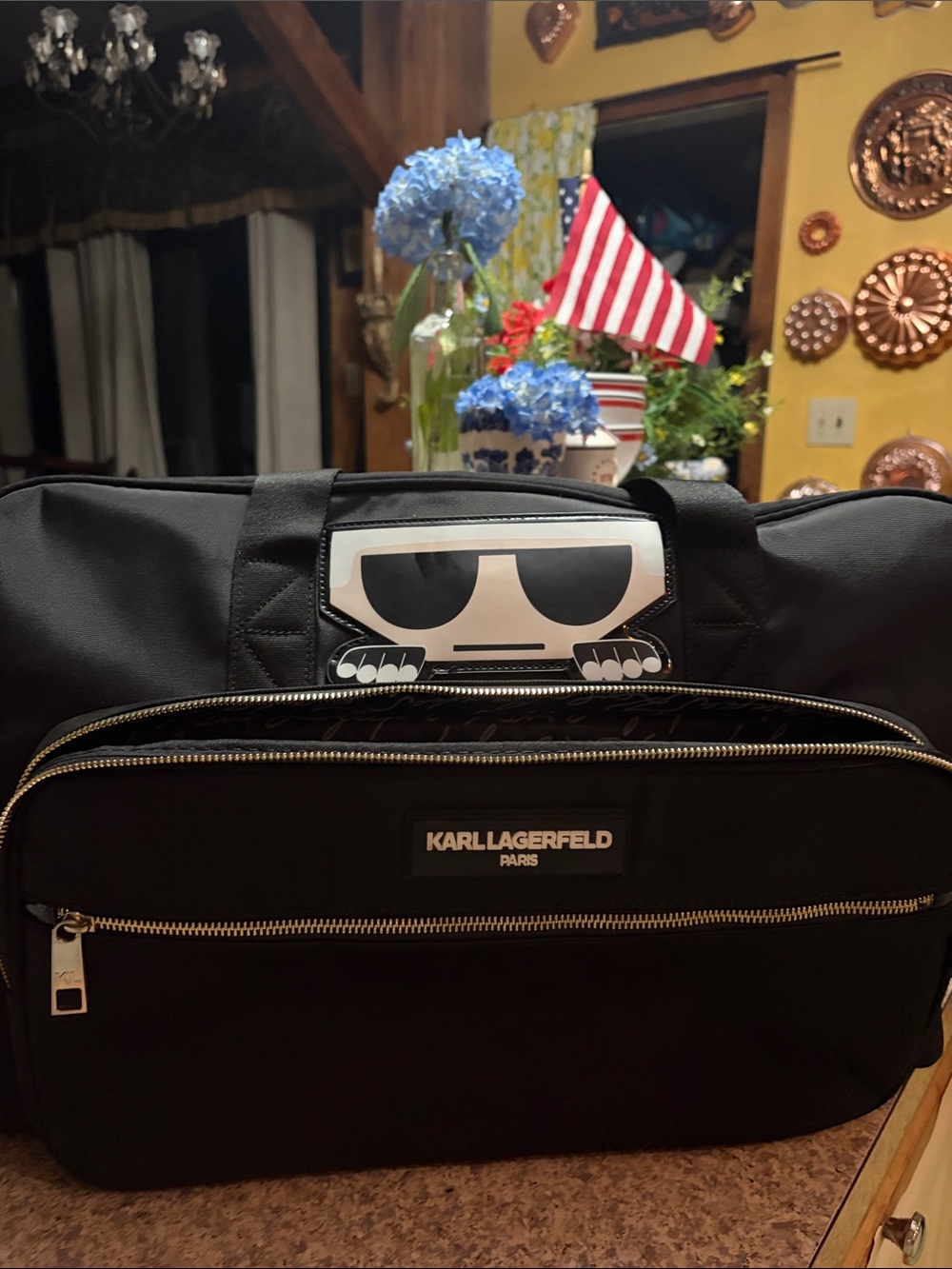 Karl Lagerfeld Black Weekend Duffel with Playful Graphic